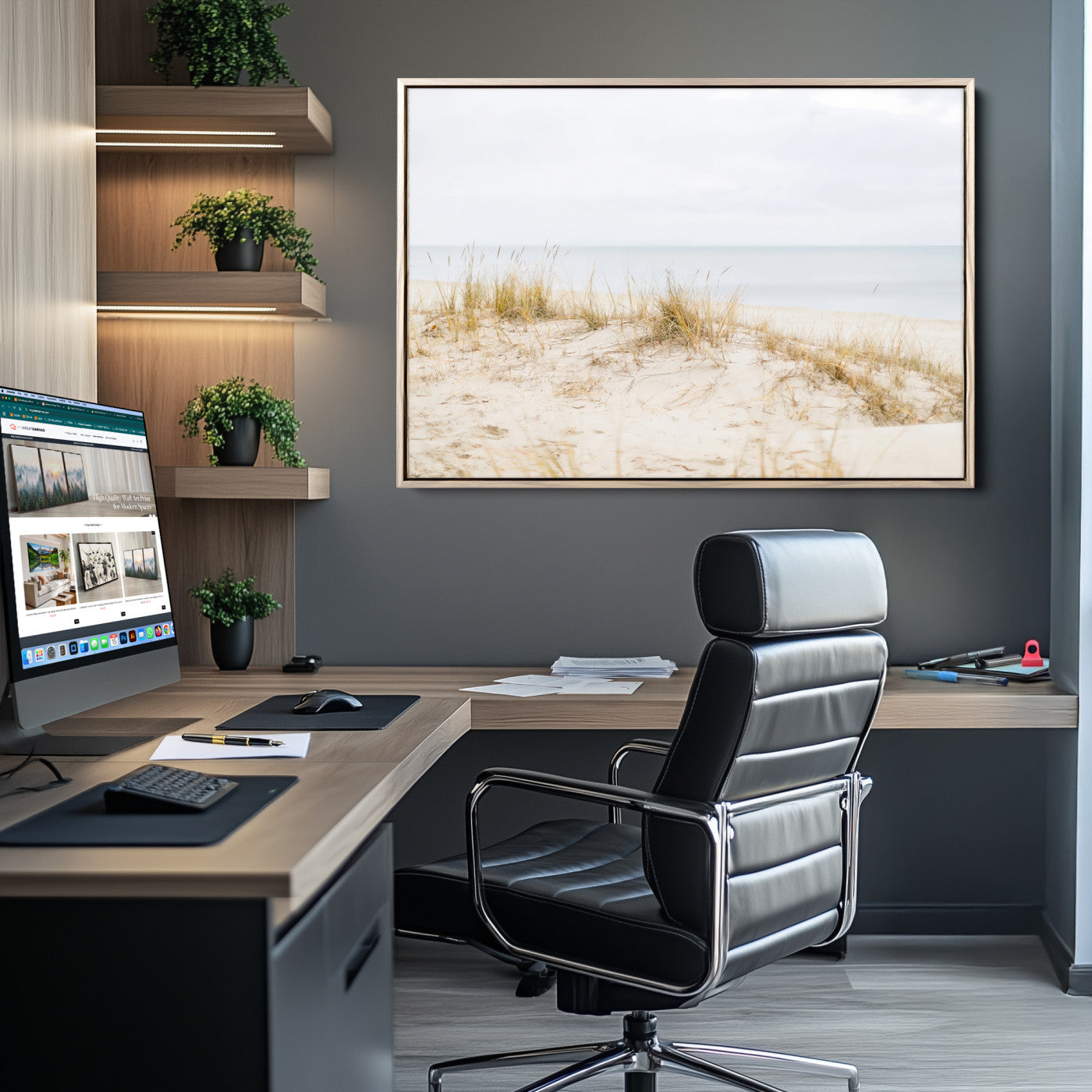 13146857-MGV-CV-36X24-Beach Dunes Wall Art Canvas Print, Framed Soft Horizon Art Picture Print, Coastal Grass Perfect Minimalist Coastal Decor Artwork