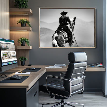 83102464-MGV-CV-36X24-Western Cowboy Wall Art Canvas Print, Framed Monochrome Horse Art Picture Print, Western Equestrian Perfect Rustic Western Decor