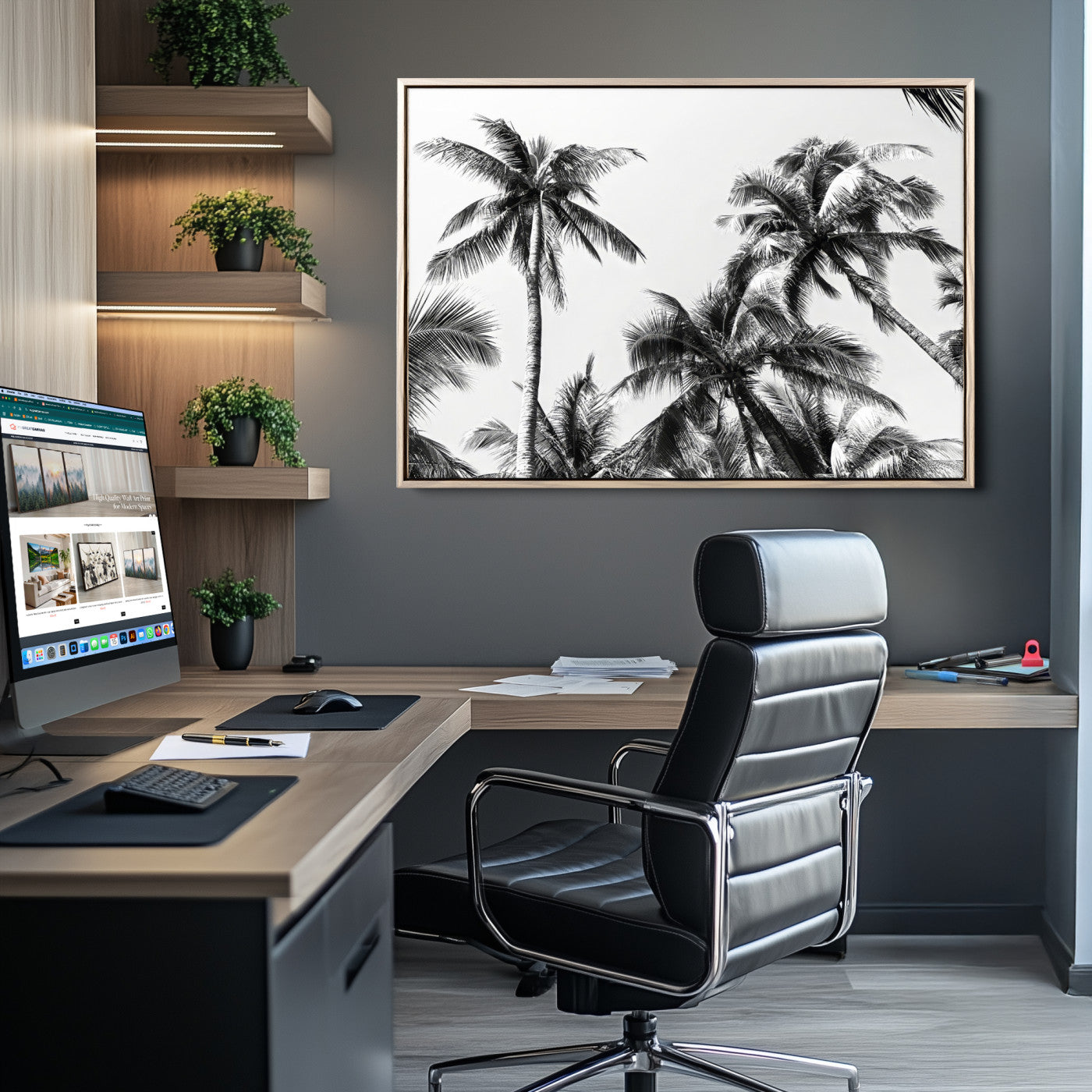 46641801-MGV-CV-36X24-Palm Tree Wall Art Canvas Print, Framed Black White Tropics Art Picture Print, Monochrome Palms Perfect Modern Tropical Minimalist