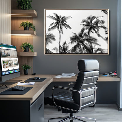46641801-MGV-CV-36X24-Palm Tree Wall Art Canvas Print, Framed Black White Tropics Art Picture Print, Monochrome Palms Perfect Modern Tropical Minimalist