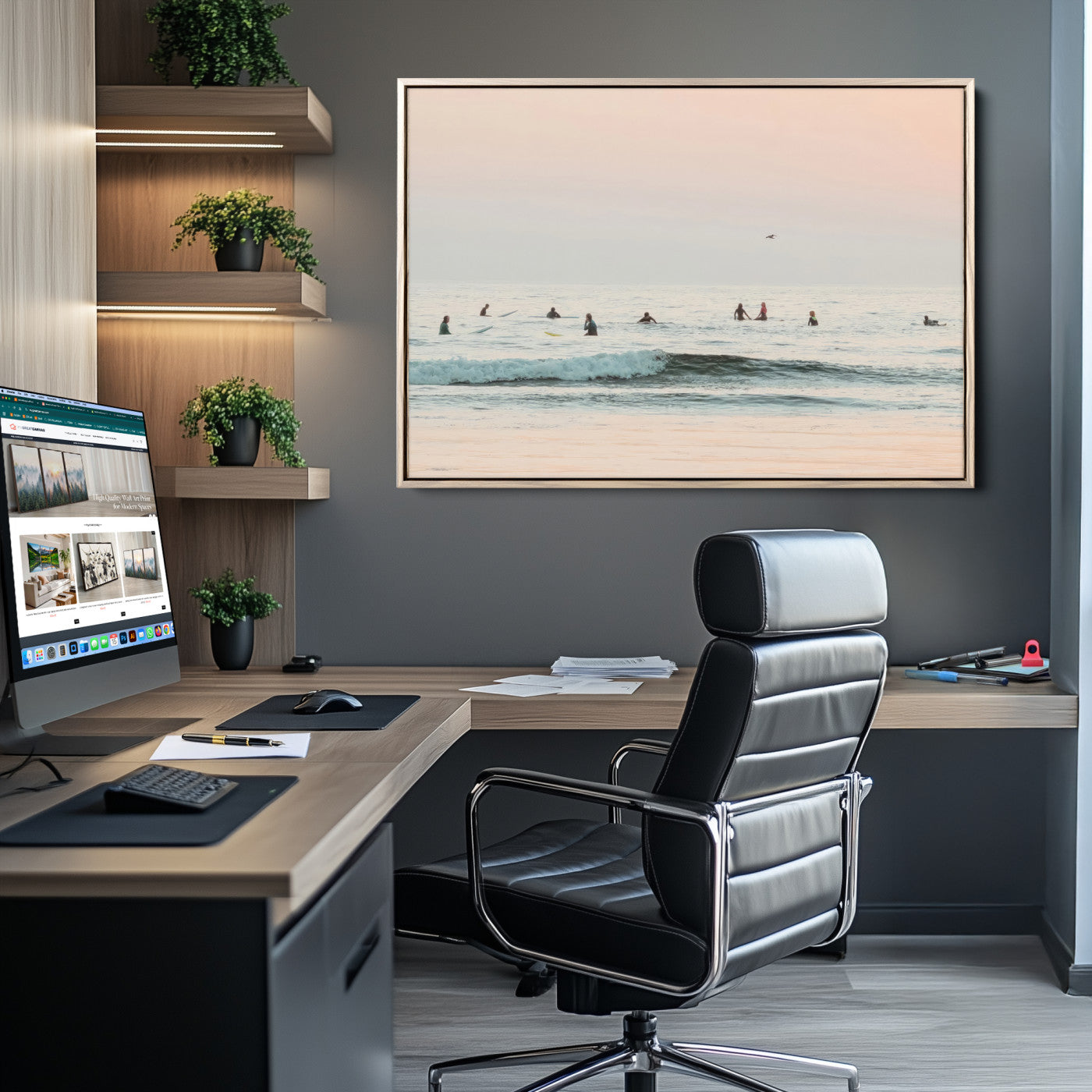 98888919-MGV-CV-36X24-Pastel Ocean Wall Art Canvas Print, Framed Soft Sunset Swimming Art Picture Print, Calm Sea Horizon Perfect Soft Coastal