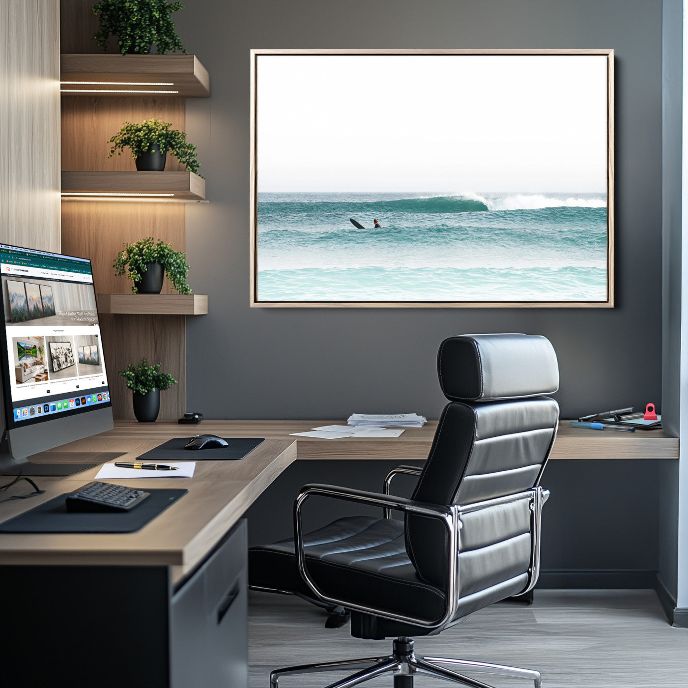 56345117-MGV-CV-36X24-Minimalist Surfing Wall Art Canvas Print, Framed Ocean Waves Art Picture Print, Soft Ocean Perfect Minimalist Coastal Decor