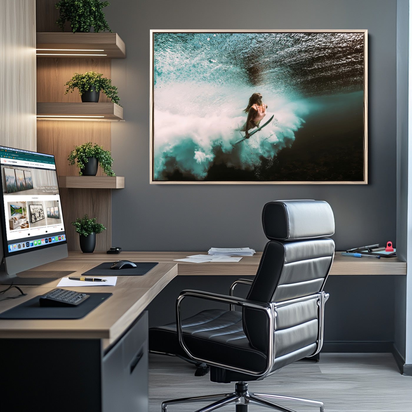 85923512-MGV-CV-36X24-Aquatic Motion Wall Art Canvas Print, Framed Underwater Swimming Art Picture Print, Female Surfer Diving Perfect Coastal Boho