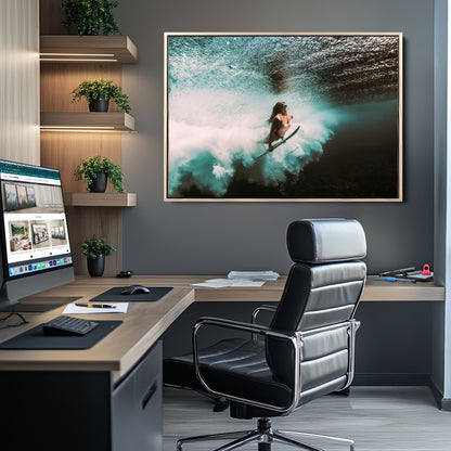 85923512-MGV-CV-36X24-Aquatic Motion Wall Art Canvas Print, Framed Underwater Swimming Art Picture Print, Female Surfer Diving Perfect Coastal Boho