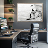 19875284-MGV-CV-36X24-Surfer Waves Wall Art Canvas Print, Framed Black White Surf Art Picture Print, Monochrome Ocean Perfect Modern Coastal Decor