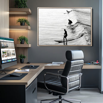 19875284-MGV-CV-36X24-Surfer Waves Wall Art Canvas Print, Framed Black White Surf Art Picture Print, Monochrome Ocean Perfect Modern Coastal Decor