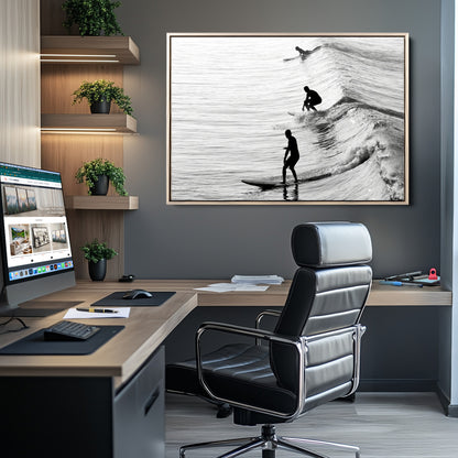 19875284-MGV-CV-36X24-Surfer Waves Wall Art Canvas Print, Framed Black White Surf Art Picture Print, Monochrome Ocean Perfect Modern Coastal Decor