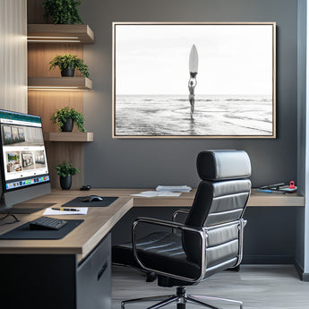 98446901-MGV-CV-36X24-Monochrome Surf Wall Art Canvas Print, Framed Minimalist Surfer Art Picture Print, Surfboard Silhouette Perfect Coastal Minimalist