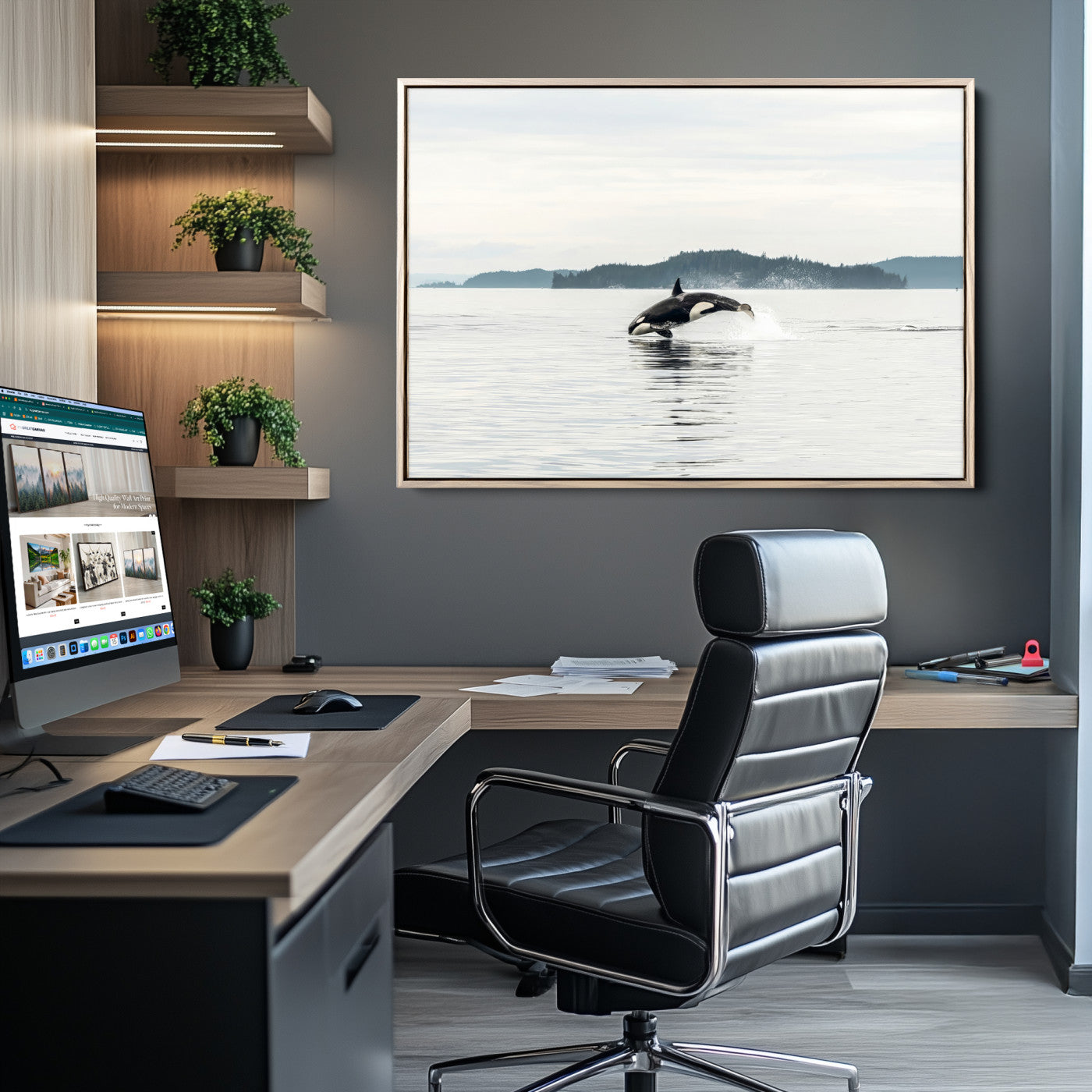 10157174-MGV-CV-36X24-Orca Whale Wall Art Canvas Print, Framed Black White Whale Art Picture Print, Minimalist Ocean Perfect Coastal Minimalist Decor