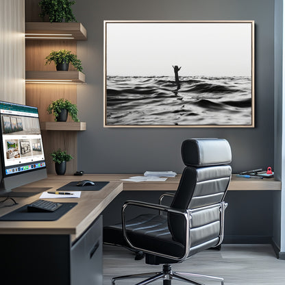 69541918-MGV-CV-36X24-Black White Ocean Wall Art Canvas Print, Framed Moody Seascape Art Picture Print, Surfer Sign Perfect Moody Minimalist Decor