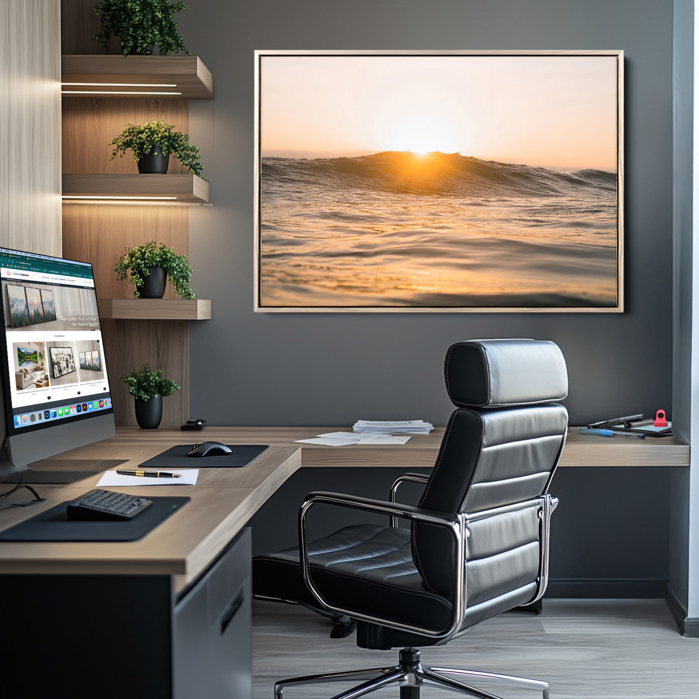 16973771-MGV-CV-36X24-Calm Water Wall Art Canvas Print, Framed Sunset Waves Art Picture Print, Coastal Warmth Perfect Warm Minimalist Decor Artwork