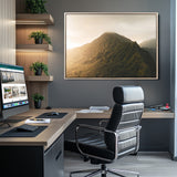 42338636-MGV-CV-36X24-Golden Mountain Wall Art Canvas Print, Framed Misty Summit Art Picture Print, Rugged Landscape Perfect Moody Wilderness Decor