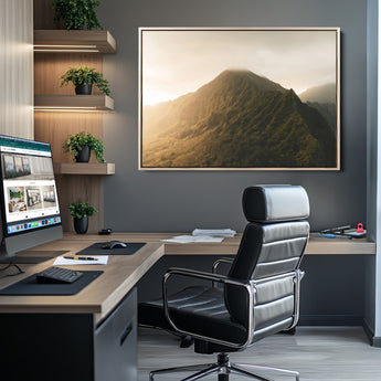 42338636-MGV-CV-36X24-Golden Mountain Wall Art Canvas Print, Framed Misty Summit Art Picture Print, Rugged Landscape Perfect Moody Wilderness Decor