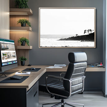 40875891-MGV-CV-36X24-SurferCliffs Wall Art Canvas Print, Framed Black White Beach Art Picture Print, Ocean Waves Perfect Minimalist Coastal Decor