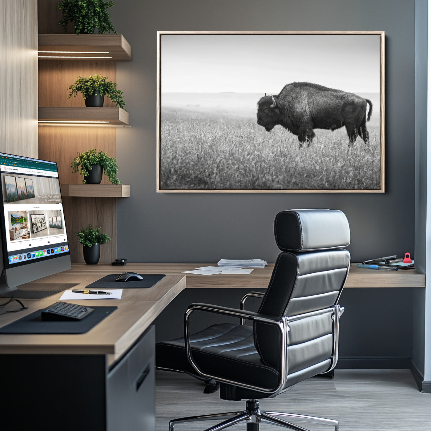 28435251-MGV-CV-36X24-Bison In Prairie Wall Art Canvas Print, Framed Rustic Wildlife Art Picture Print, Wild Buffalo Perfect Rustic Western Decor