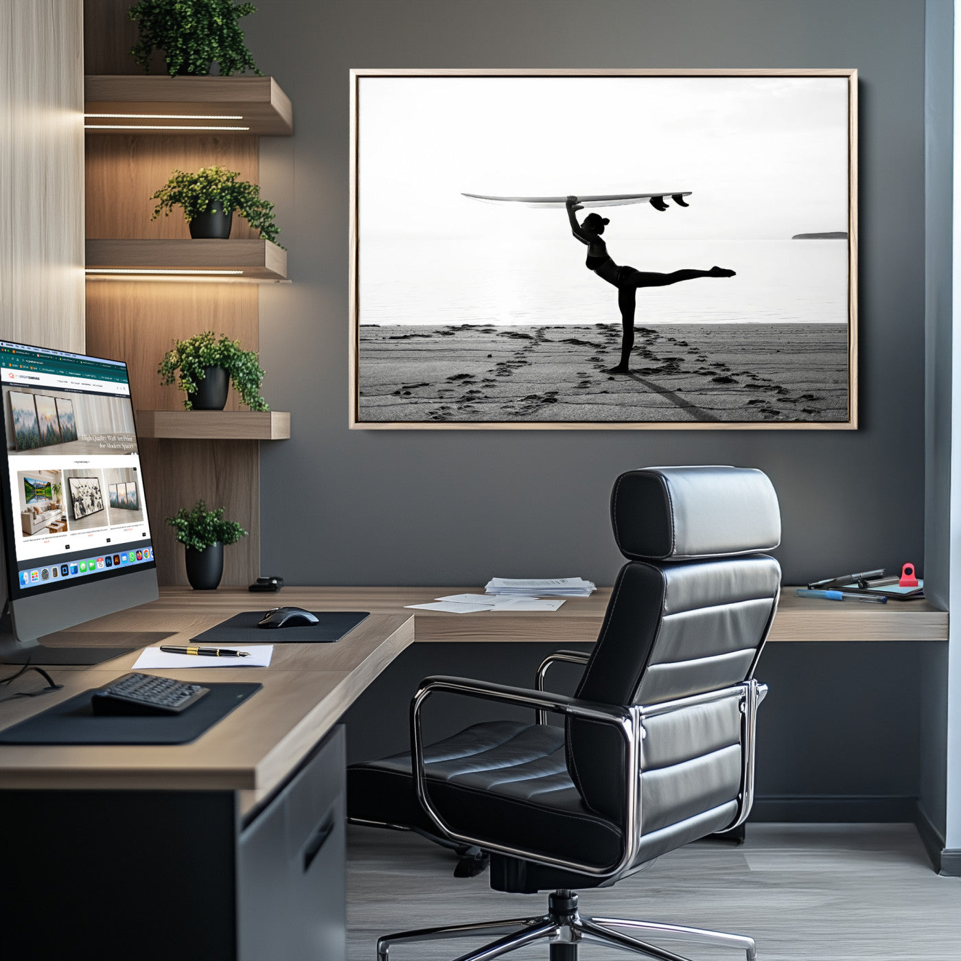 28441356-MGV-CV-36X24-Yoga Surf Wall Art Canvas Print, Framed Black White Shore Art Picture Print, Peaceful Ocean Perfect Minimalist Coastal Decor