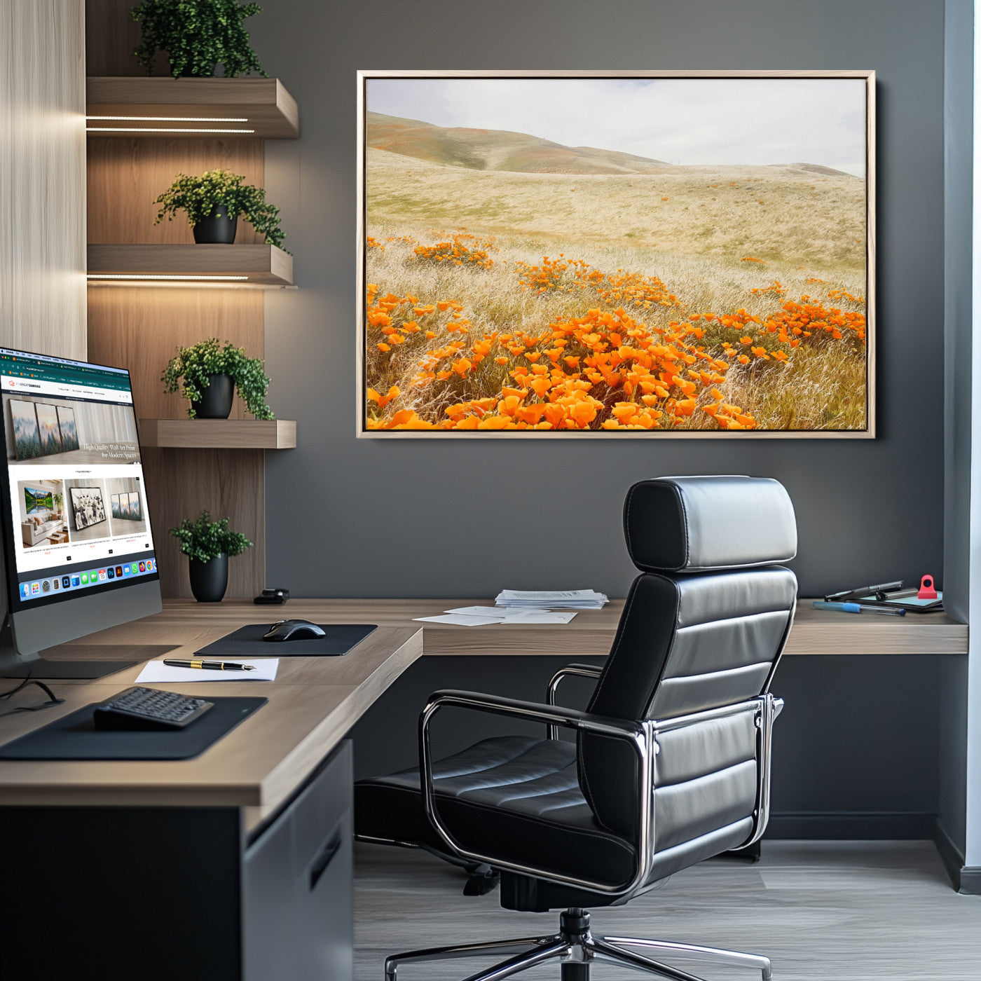 28972262-MGV-CV-36X24-Golden Wildflowers Wall Art Canvas Print, Framed Hills Bloom Art Picture Print, Poppy Meadow Perfect Rustic Nature Decor Artwork