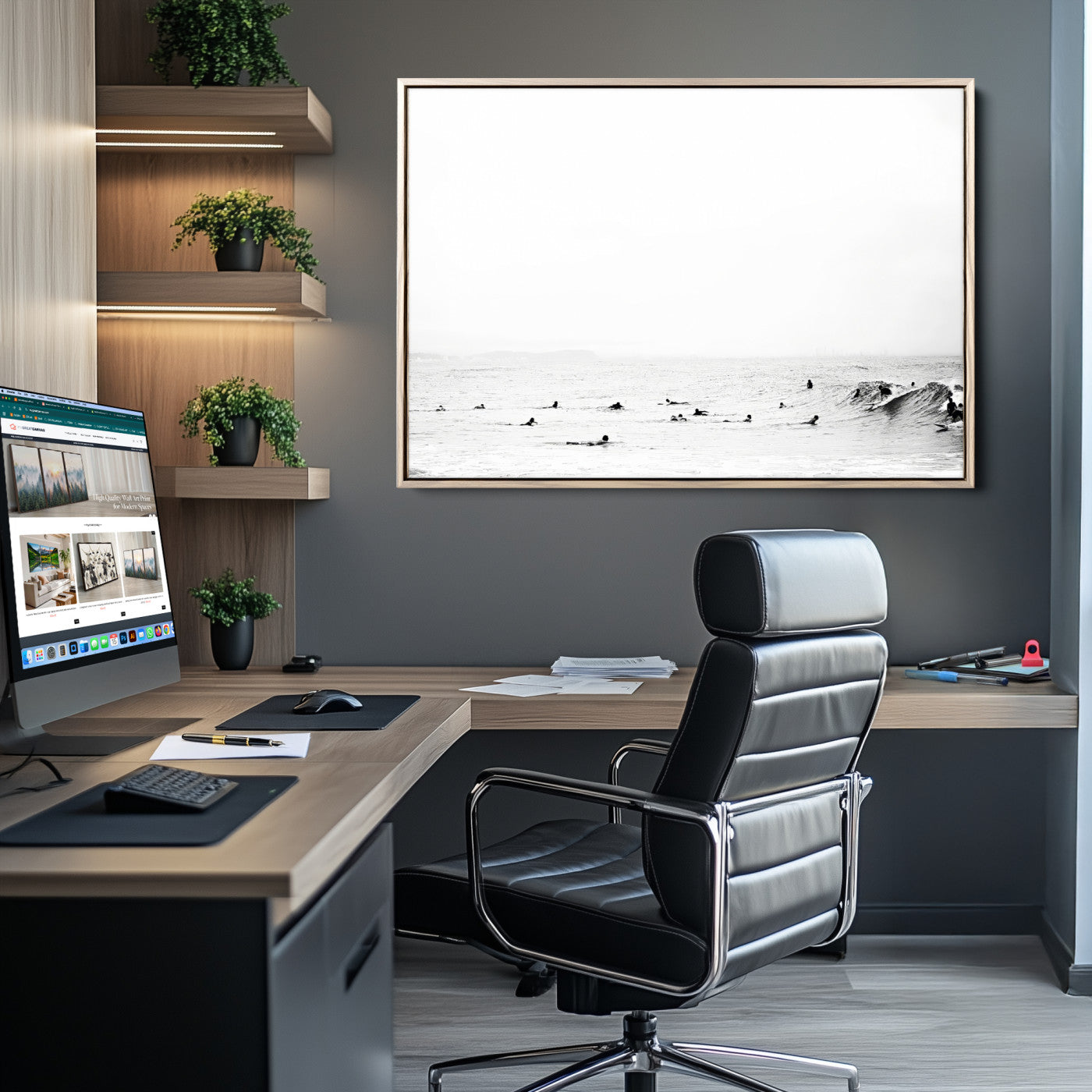 38441169-MGV-CV-36X24-Monochrome Swimming Wall Art Canvas Print, Framed Ocean Horizon Art Picture Print, Moody Coastal Perfect Minimalist Coastal Decor