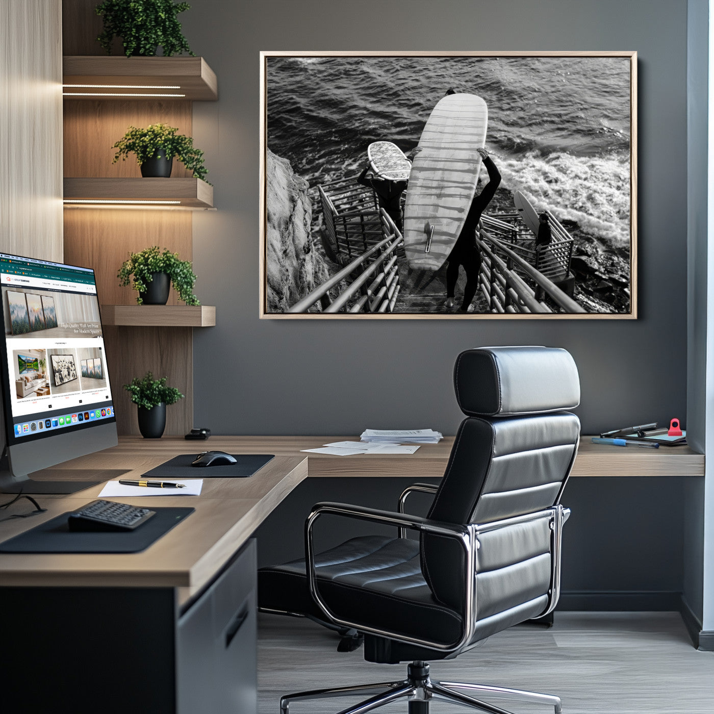 32353707-MGV-CV-36X24-Black White Surfing Wall Art Canvas Print, Framed Coastal Surfing Art Picture Print, Wave Riders Perfect Coastal Adventure Decor