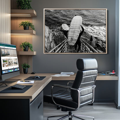 32353707-MGV-CV-36X24-Black White Surfing Wall Art Canvas Print, Framed Coastal Surfing Art Picture Print, Wave Riders Perfect Coastal Adventure Decor