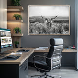 24051061-MGV-CV-36X24-Monochrome Highland Cow Wall Art Canvas Print, Framed Scottish Bull Art Picture Print, Lone Cattle Perfect Rustic Farmhouse Decor