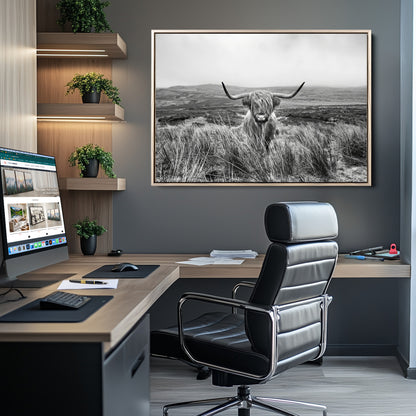24051061-MGV-CV-36X24-Monochrome Highland Cow Wall Art Canvas Print, Framed Scottish Bull Art Picture Print, Lone Cattle Perfect Rustic Farmhouse Decor