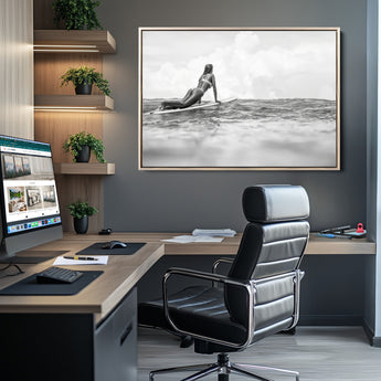 69798068-MGV-CV-36X24-Black White Surfing Wall Art Canvas Print, Framed Ocean Horizon Art Picture Print, Surfer Girl Perfect Coastal Adventure Decor