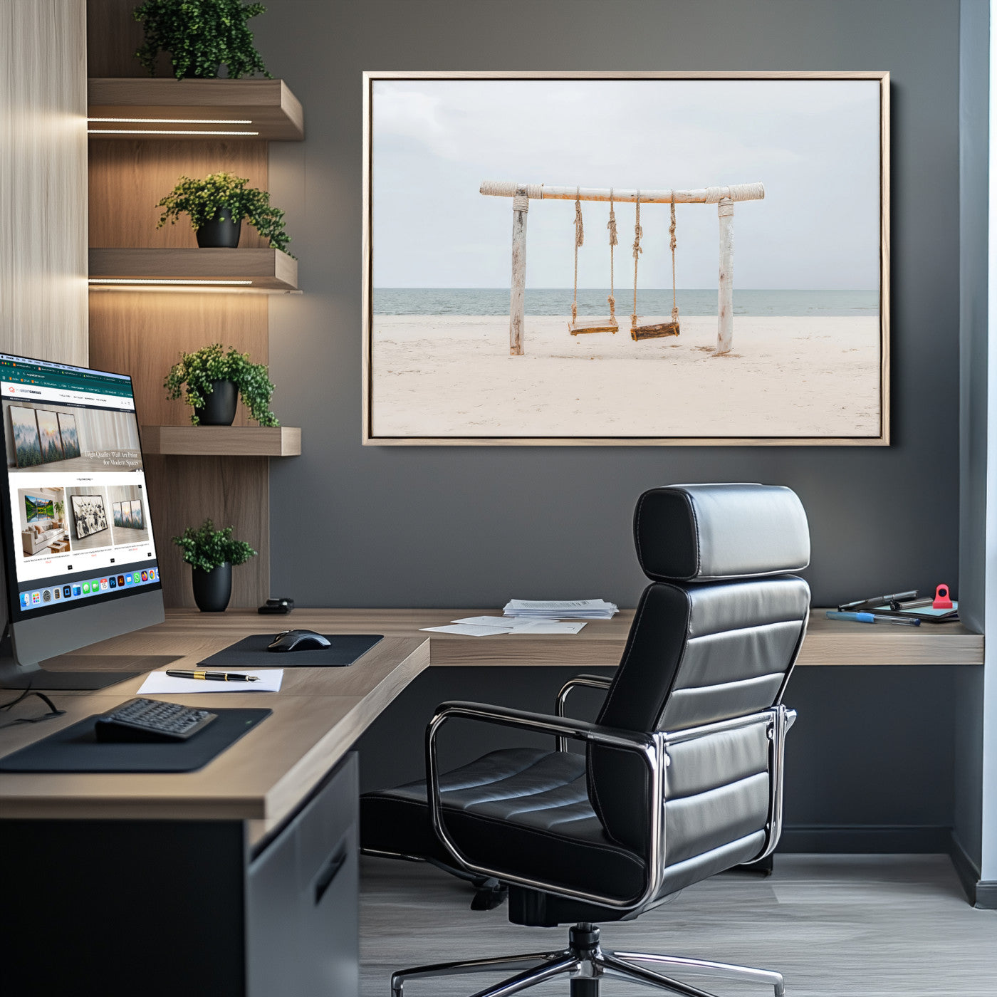 68327283-MGV-CV-36X24-Beach Swing Wall Art Canvas Print, Framed Quiet Beach Art Picture Print, Calm Shoreline Perfect Bohemian Coastal Decor Artwork