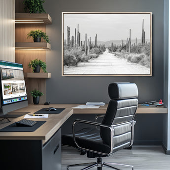 35537313-MGV-CV-36X24-Monochrome Desert Wall Art Canvas Print, Framed Cactus Path Art Picture Print, Southwestern Landscape Perfect Southwestern