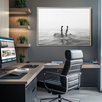 26667396-MGV-CV-36X24-Black White Ocean Wall Art Canvas Print, Framed Monochrome Water Art Picture Print, Diving into Water Perfect Minimalist Aquatic