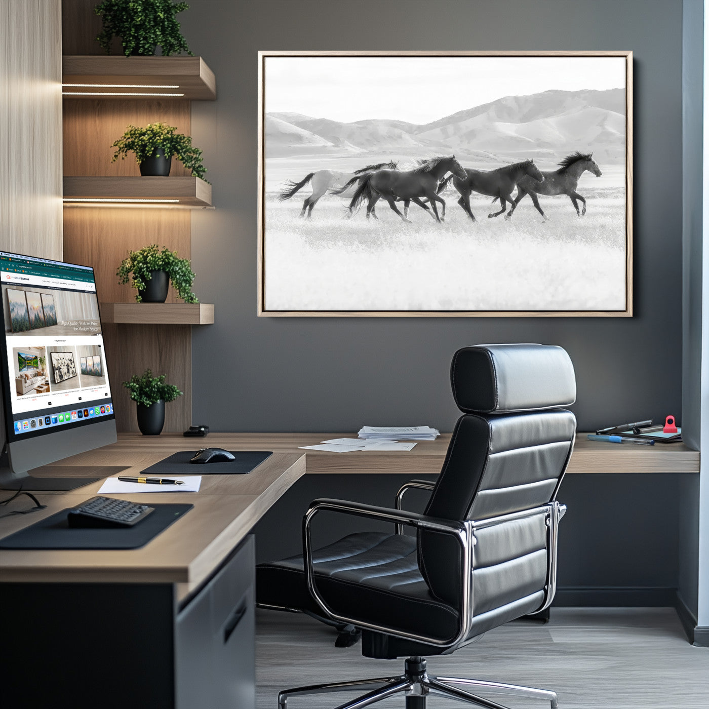 69934913-MGV-CV-36X24-Wild Horses Running Wall Art Canvas Print, Framed Black White Mustangs Art Picture Print, Rustic Western Perfect Rustic Western