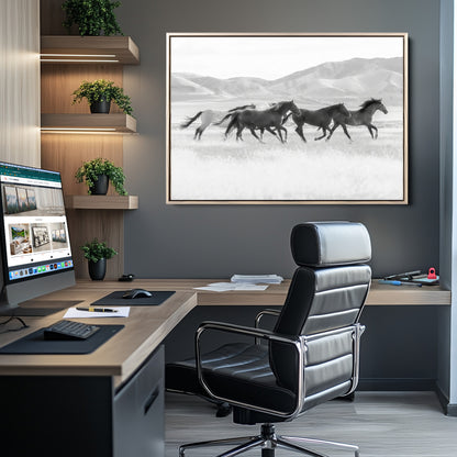 69934913-MGV-CV-36X24-Wild Horses Running Wall Art Canvas Print, Framed Black White Mustangs Art Picture Print, Rustic Western Perfect Rustic Western