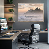 70644906-MGV-CV-36X24-Sunset Surfing Wall Art Canvas Print, Framed Misty Mountains Art Picture Print, Surfer Riding Wave Perfect Coastal Adventure Decor