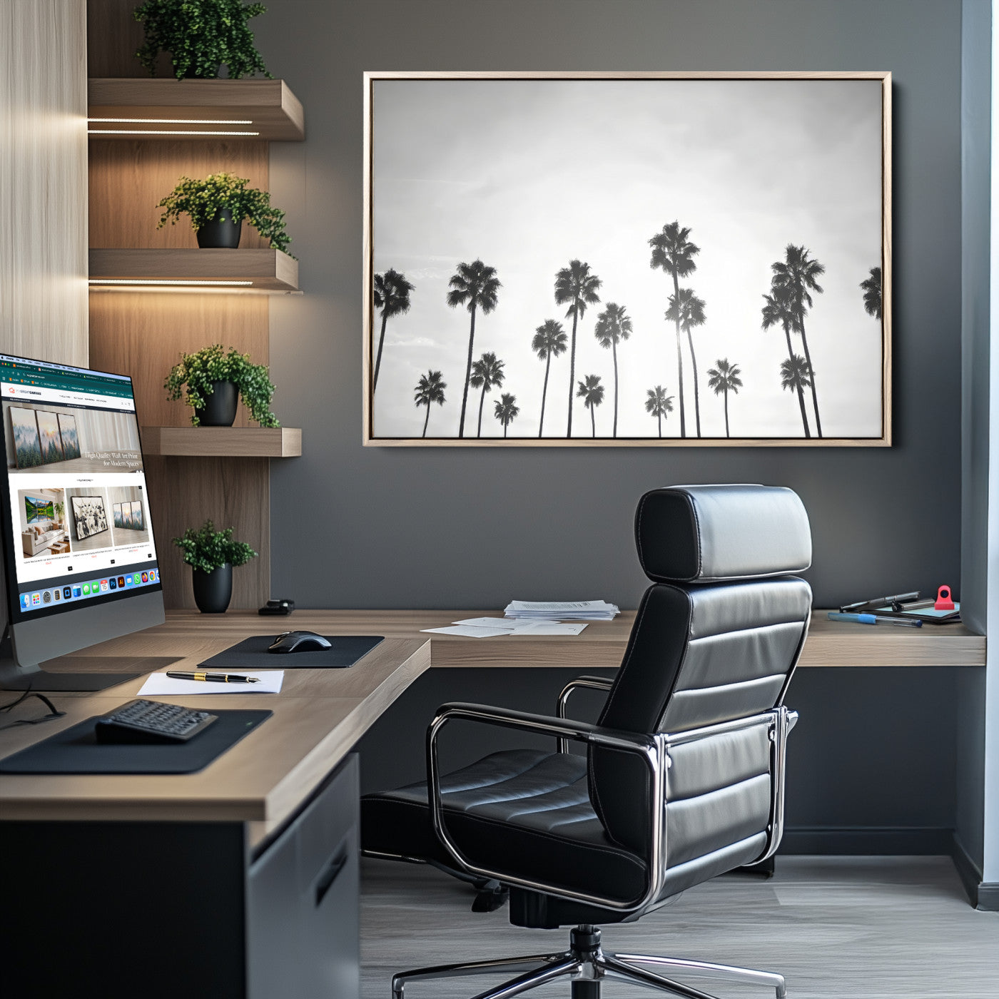 62298277-MGV-CV-36X24-Monochrome Palms Wall Art Canvas Print, Framed Minimalist Trees Art Picture Print, Silhouetted Palms Perfect Tropical Minimalist