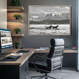 21655040-MGV-CV-36X24-Wild Horses Wall Art Canvas Print, Framed Black White Mountains Art Picture Print, Rustic Countryside Perfect Rustic Western Decor