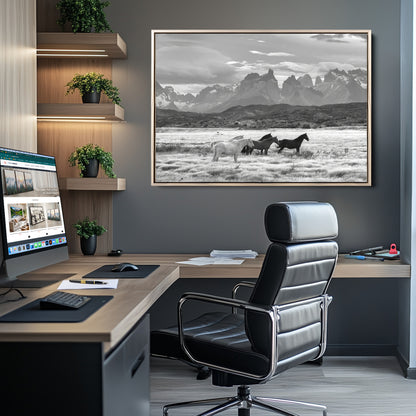 21655040-MGV-CV-36X24-Wild Horses Wall Art Canvas Print, Framed Black White Mountains Art Picture Print, Rustic Countryside Perfect Rustic Western Decor