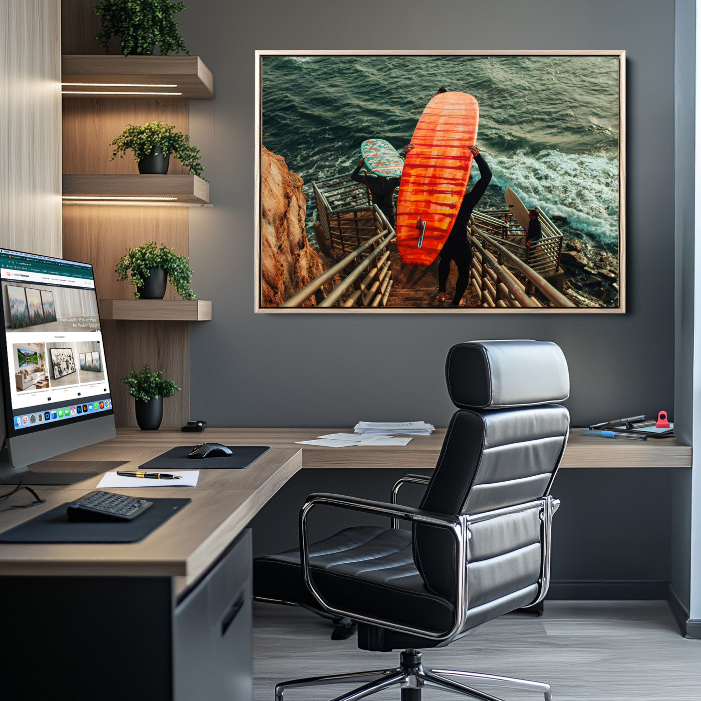 84555848-MGV-CV-36X24-Surfer Stairway Wall Art Canvas Print, Framed Ocean Surf Art Picture Print, Sunset Coastal Perfect Coastal Adventure Decor Artwork