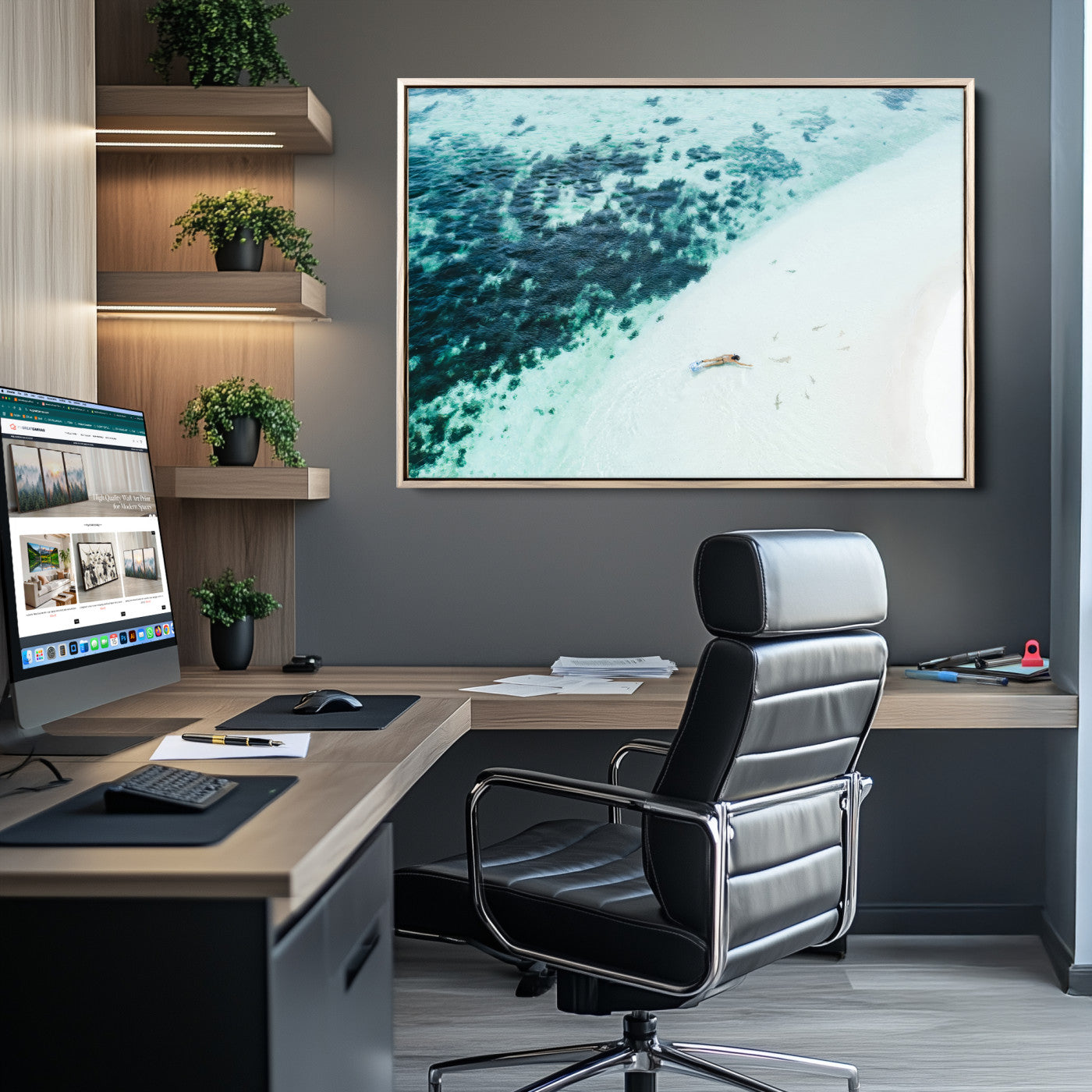 33764764-MGV-CV-36X24-Minimal Beach Wall Art Canvas Print, Framed Ocean Swimming Art Picture Print, Clear Ocean Perfect Minimal Coastal Decor Artwork