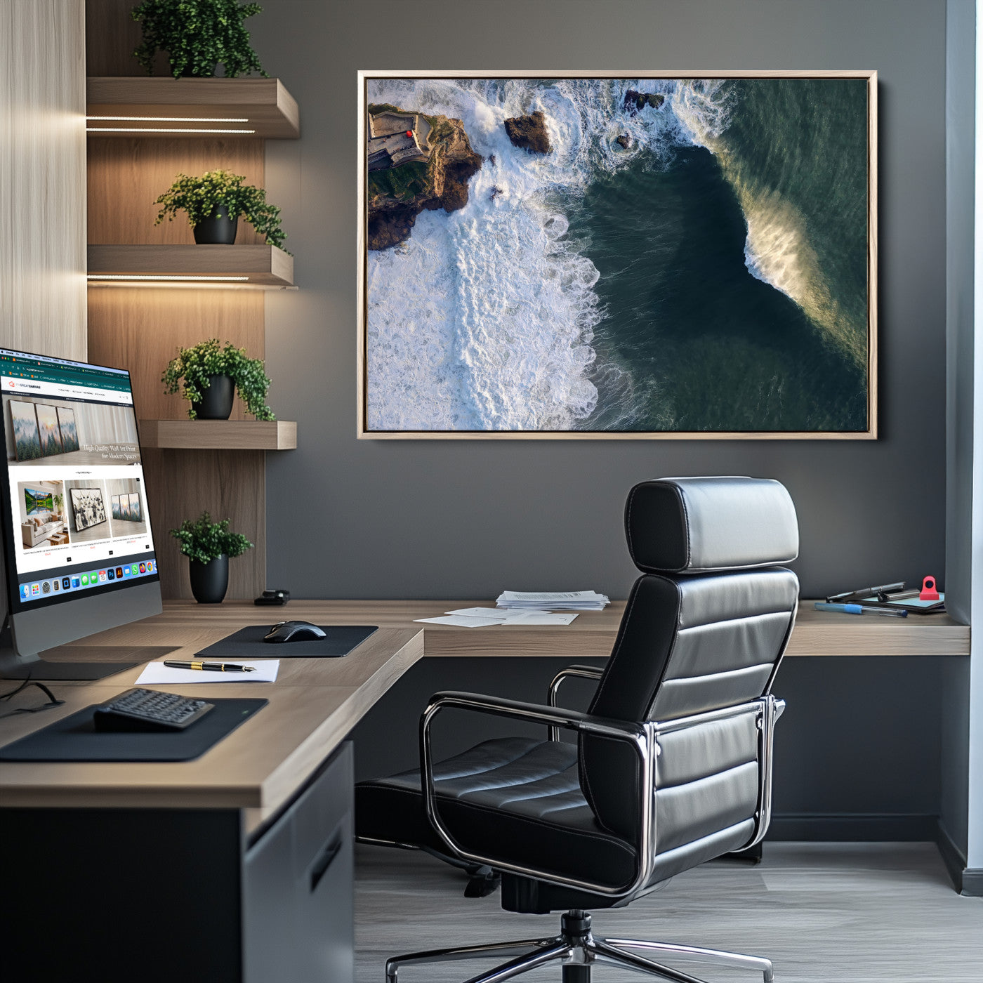 37405684-MGV-CV-36X24-Nazare Coast Wall Art Canvas Print, Framed Aerial Ocean Art Picture Print, Coastal Fortress Perfect Dramatic Coastal Decor Artwork