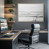 33821421-MGV-CV-36X24-Surfer Silhouette Wall Art Canvas Print, Framed Calm Ocean Art Picture Print, Monochrome Surf Perfect Minimalist Coastal Decor