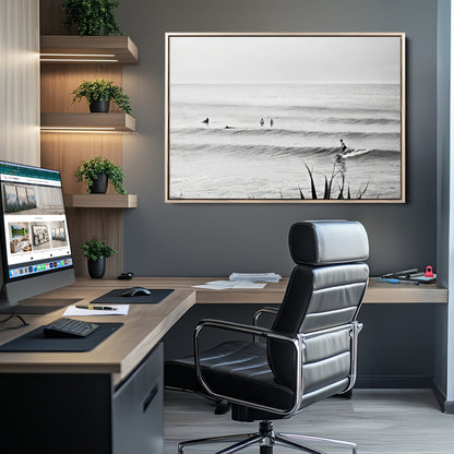 33821421-MGV-CV-36X24-Surfer Silhouette Wall Art Canvas Print, Framed Calm Ocean Art Picture Print, Monochrome Surf Perfect Minimalist Coastal Decor