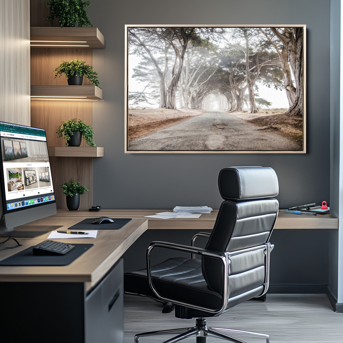 87090469-MGV-CV-36X24-Cypress Tunnel Wall Art Canvas Print, Framed Misty Road Art Picture Print, Foggy Trees Perfect Rustic Woodland Decor Artwork