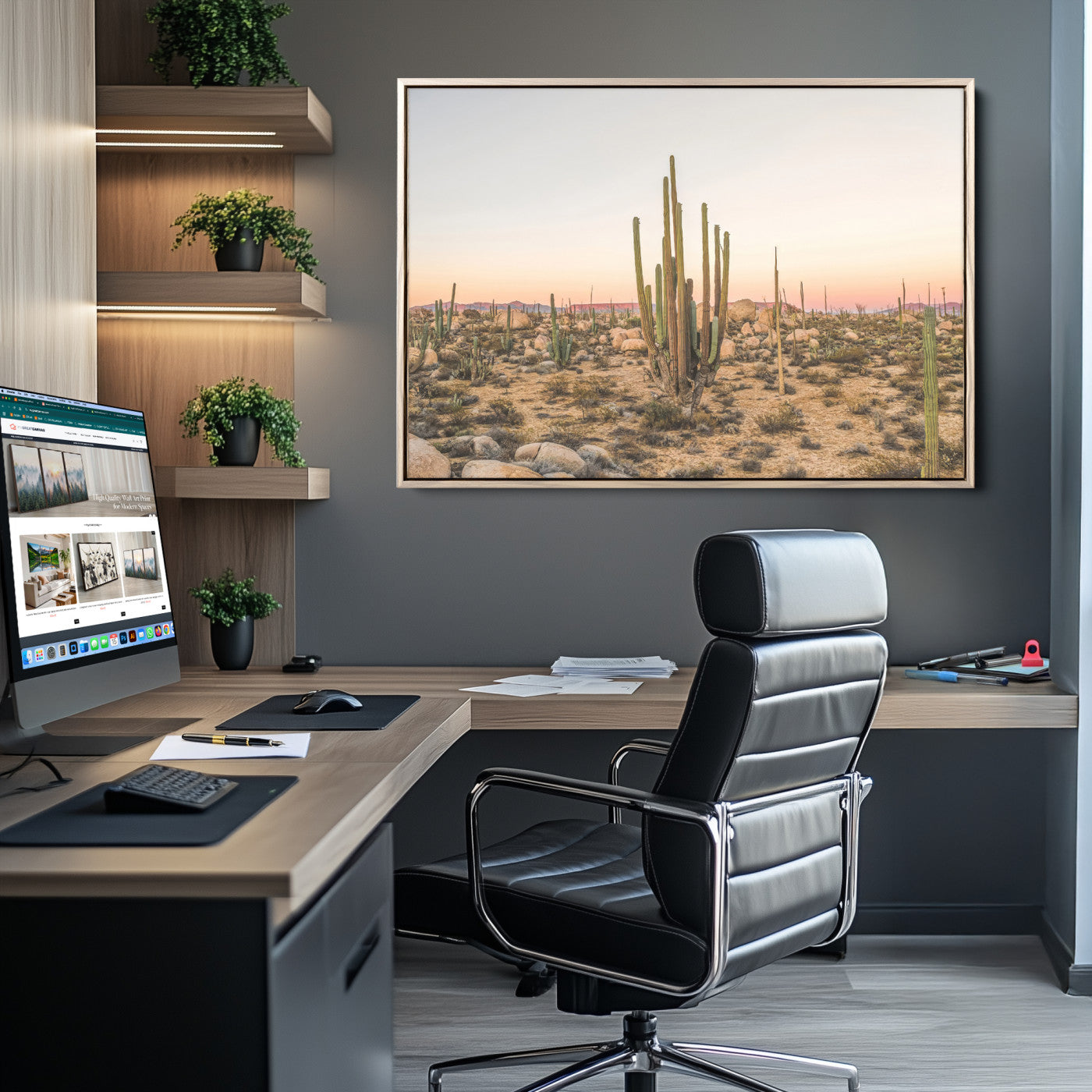 76234974-MGV-CV-36X24-Desert Cactus Wall Art Canvas Print, Framed Baja Desert Art Picture Print, Pastel Desert Perfect Southwestern Boho Decor Artwork