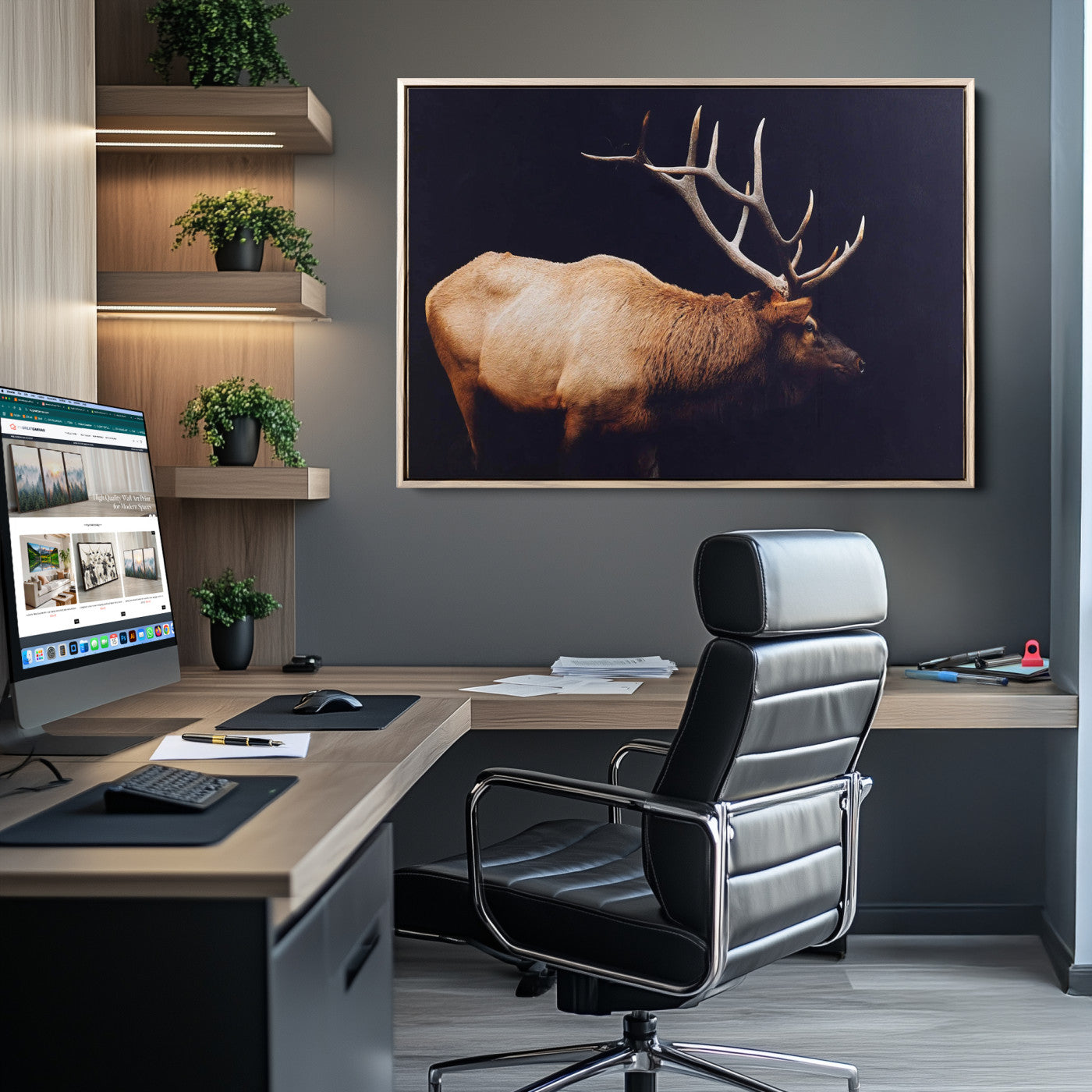 91871131-MGV-CV-36X24-Rustic Elk Art Wall Art Canvas Print, Framed Moody Wildlife Decor Art Picture Print, Western Animal Print Perfect Western Lodge