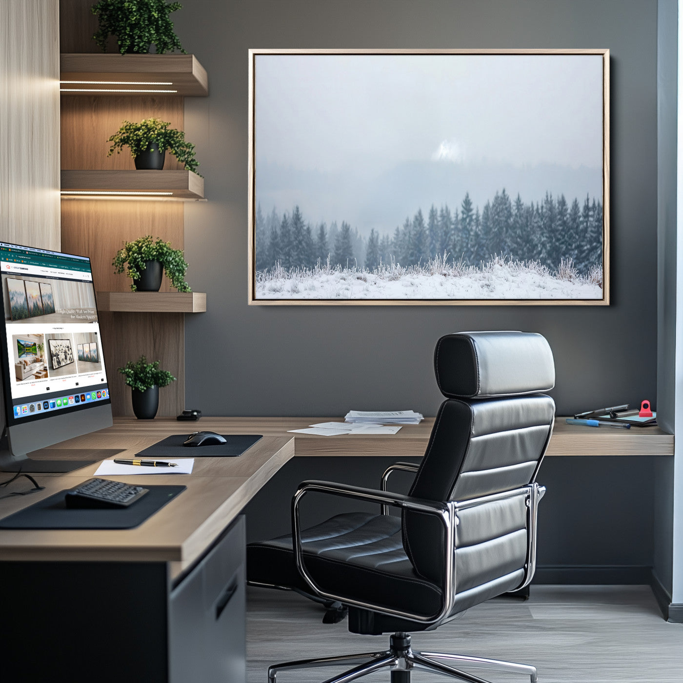 33033082-MGV-CV-36X24-Winter Forest Art Wall Art Canvas Print, Framed Snowy Landscape Art Picture Print, Misty Tree Scene Perfect Nordic Minimalist