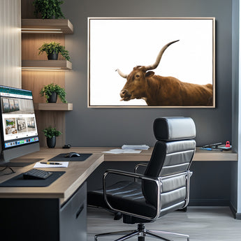 62566114-MGV-CV-36X24-Longhorn Cow Art Wall Art Canvas Print, Framed Rustic Animal Decor Art Picture Print, Texas Bull Photo Perfect Rustic Farmhouse