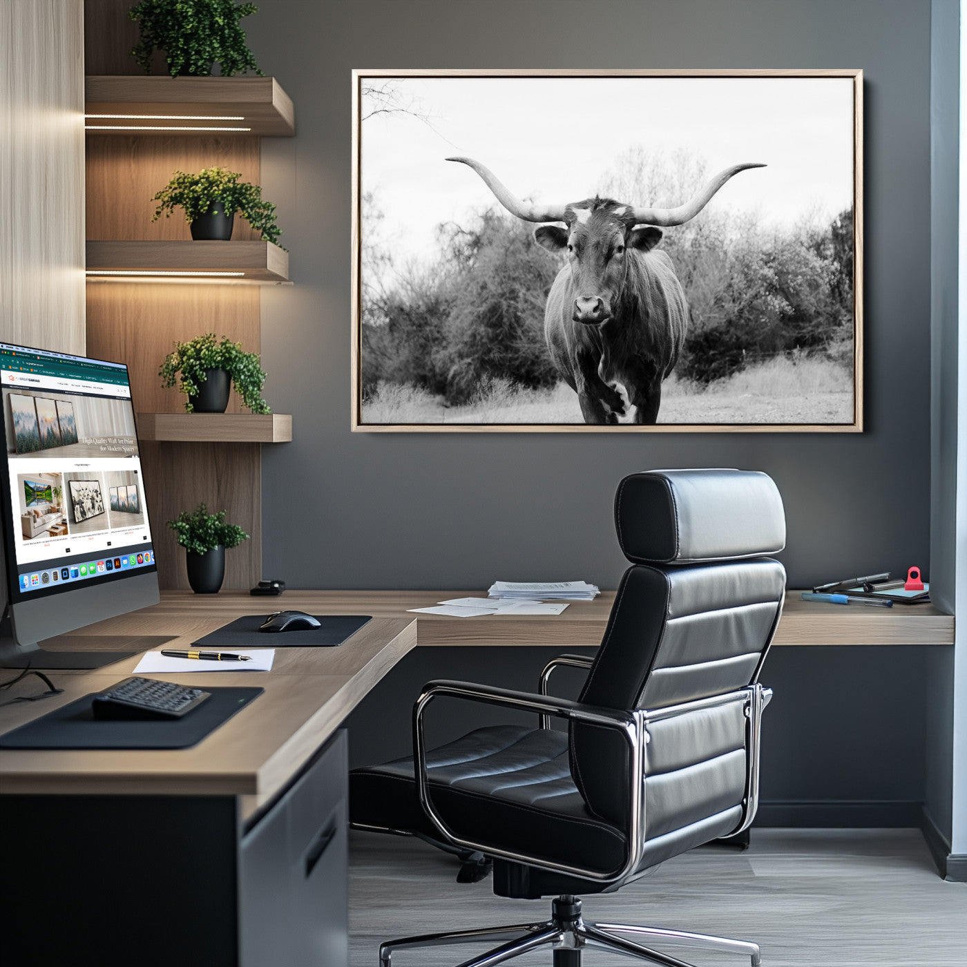 97280319-MGV-CV-36X24-Longhorn Photography Wall Art Canvas Print, Framed Western Cow Decor Art Picture Print, Texas Ranch Style Perfect Rustic Farmhouse