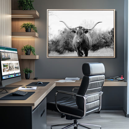 97280319-MGV-CV-36X24-Longhorn Photography Wall Art Canvas Print, Framed Western Cow Decor Art Picture Print, Texas Ranch Style Perfect Rustic Farmhouse