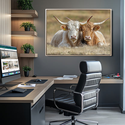 53388593-MGV-CV-36X24-Cow Photography Wall Art Canvas Print, Framed Rustic Animal Decor Art Picture Print, Texas Cow Pair Perfect Western Farmhouse