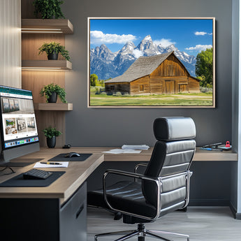 75948467-MGV-CV-36X24-Mountain Barn Scene Wall Art Canvas Print, Framed Rustic Farmhouse Style Art Picture Print, Country Cabin Decor Perfect Rustic